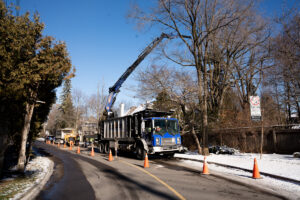 Arborists working with a crane and trucks to clear tree debris along a snowy road.